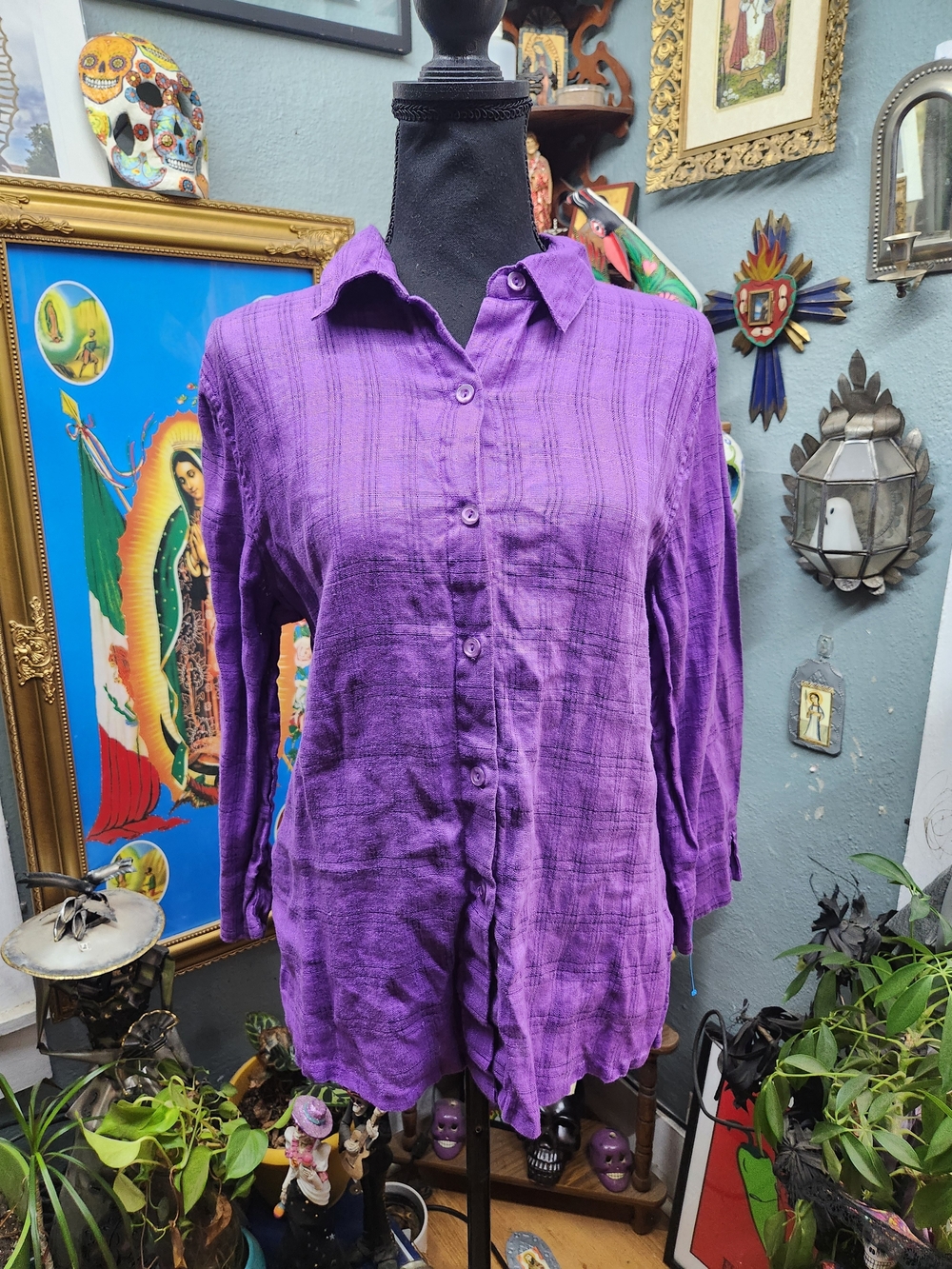 Sag Harbor Purple Button-Front Women's Linen Top